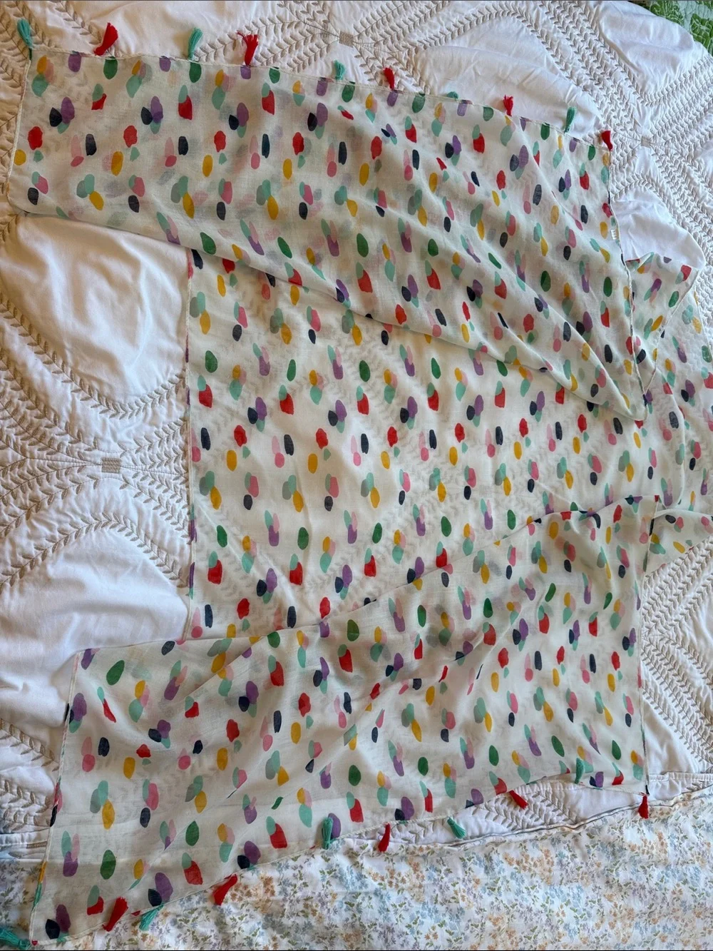 White Multicolor Dot Scarf Topper